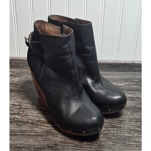 Anthropologie FIEL Women's Black Leather Wooden Wedge Heal Ankle Boots Size 9